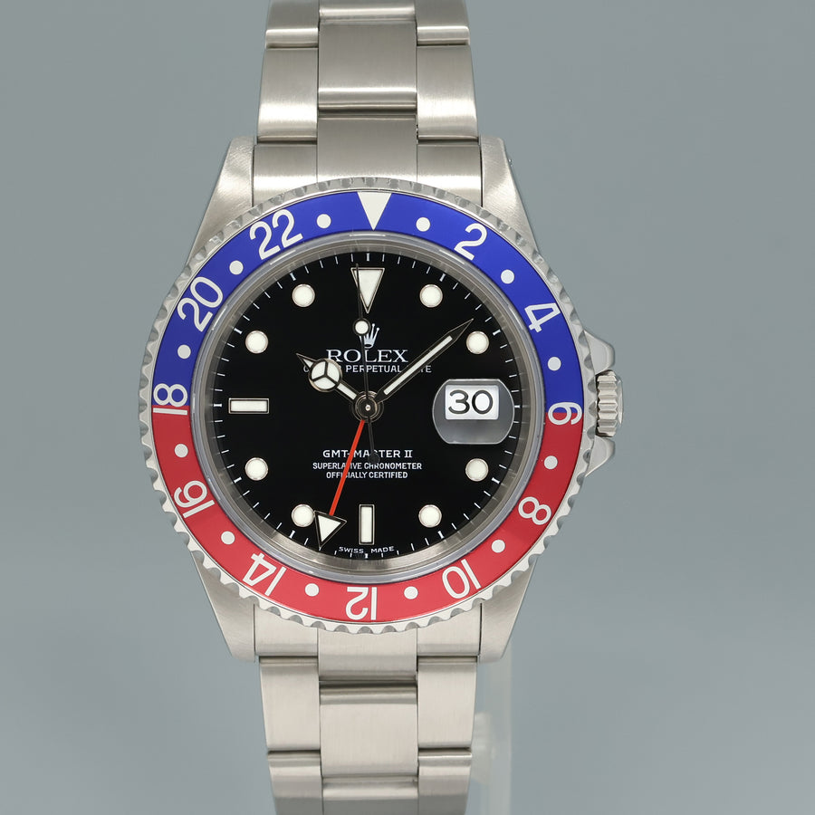 MINT 1999 Rolex GMT-Master II 2 Pepsi Blue Red Steel 16710 Black Dial Watch Box