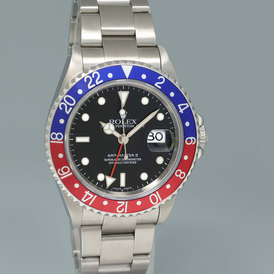 MINT 2000 Rolex GMT-Master II 2 Pepsi Blue Red Steel 16710 Watch Black Watch Box