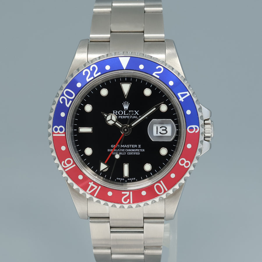 MINT 2002 NO HOLES Rolex GMT-Master II 2 Pepsi 40mm Steel 16710 Black Watch Box