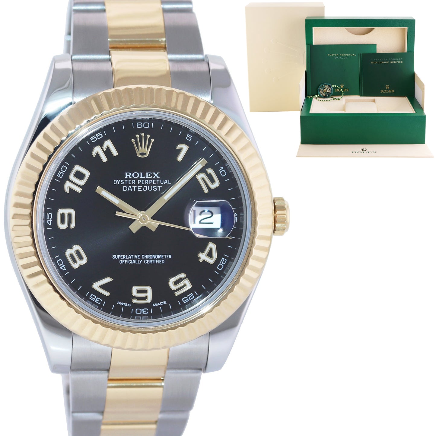 2014 MINT Rolex Datejust II 2 Black Arabic 116333 Two-Tone Yellow Gold Watch Box