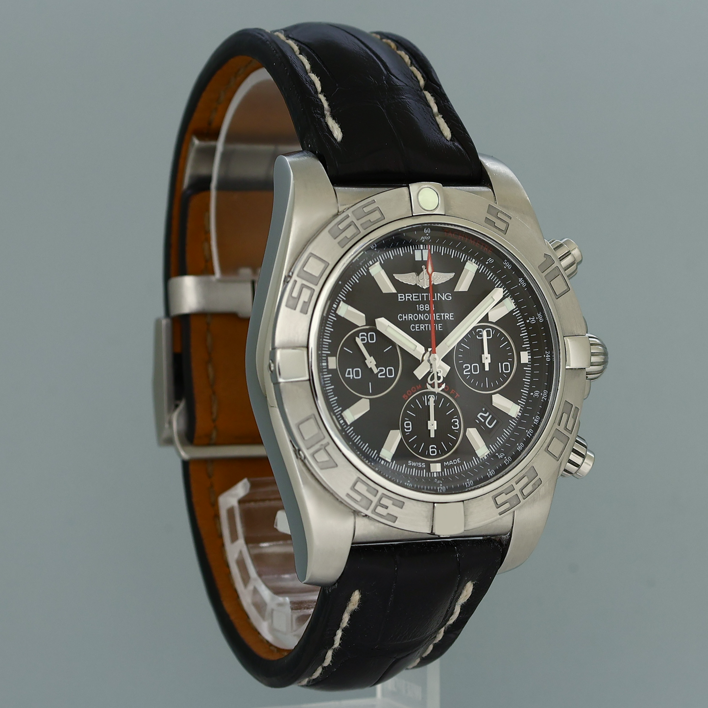 MINT Breitling Chronomat 44 AB0110 Steel Black Dial Chronograph Leather Watch Box