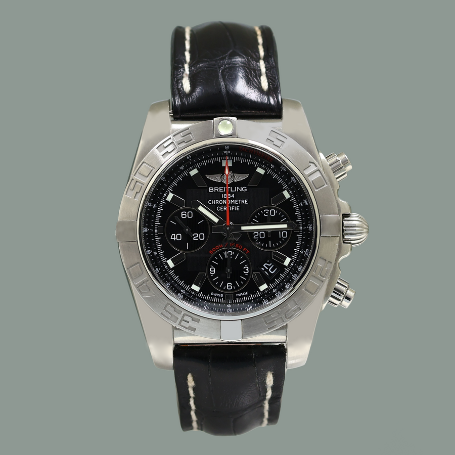 MINT Breitling Chronomat 44 AB0110 Steel Black Dial Chronograph Leather Watch Box