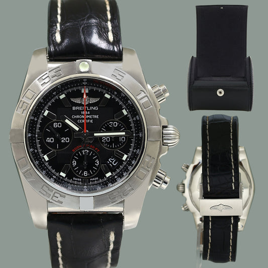 MINT Breitling Chronomat 44 AB0110 Steel Black Dial Chronograph Leather Watch Box