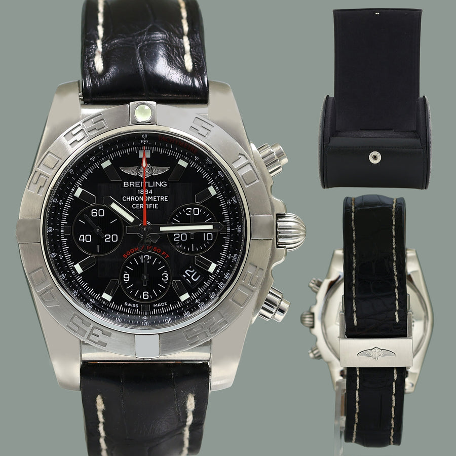 MINT Breitling Chronomat 44 AB0110 Steel Black Dial Chronograph Leather Watch Box