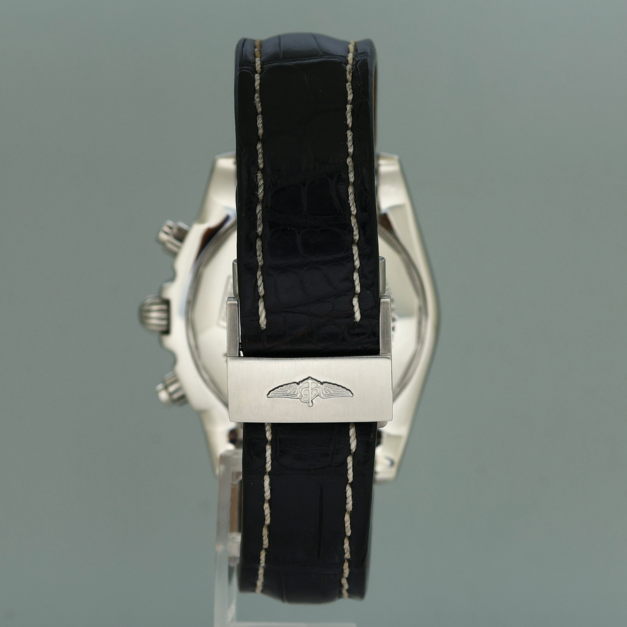 MINT Breitling Chronomat 44 AB0110 Steel Black Dial Chronograph Leather Watch Box