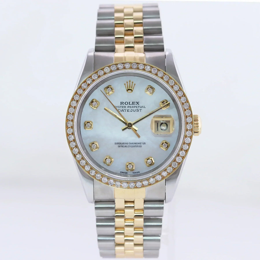 DIAMOND BEZEL Rolex DateJust 16233 Two-Tone  Yellow Gold MOP Jubilee Watch Box