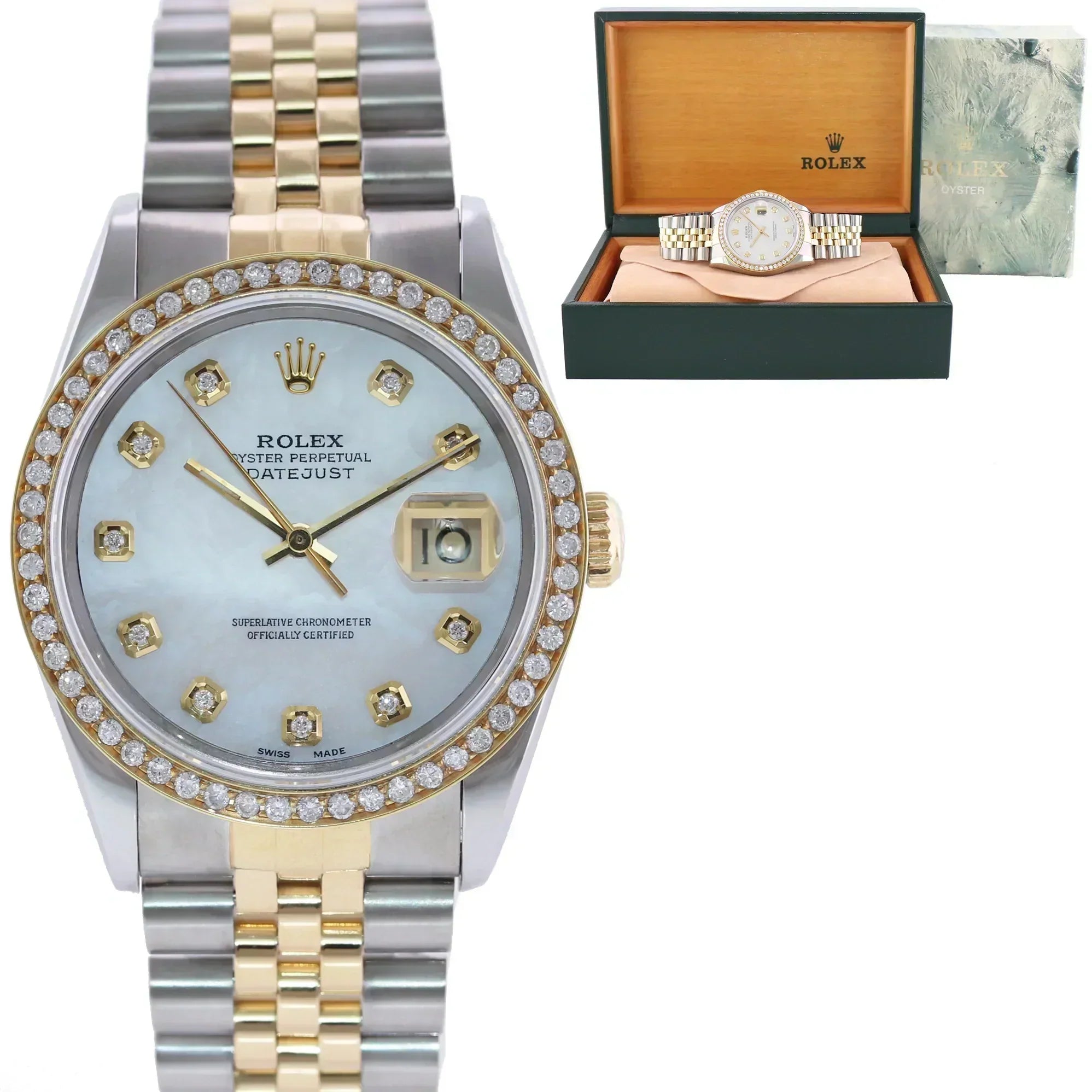 DIAMOND BEZEL Rolex DateJust 16233 Two-Tone  Yellow Gold MOP Jubilee Watch Box