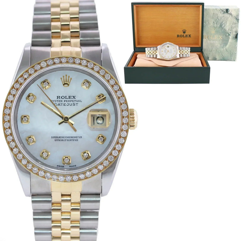 DIAMOND BEZEL Rolex DateJust 16233 Two-Tone  Yellow Gold MOP Jubilee Watch Box