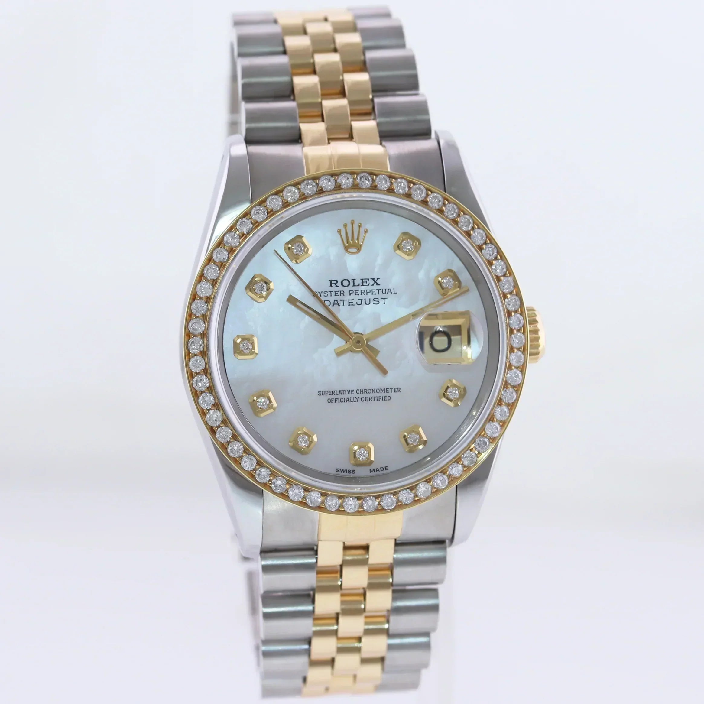 DIAMOND BEZEL Rolex DateJust 16233 Two-Tone  Yellow Gold MOP Jubilee Watch Box