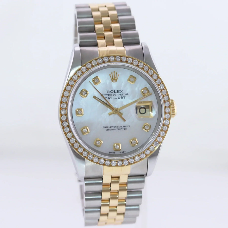 DIAMOND BEZEL Rolex DateJust 16233 Two-Tone  Yellow Gold MOP Jubilee Watch Box