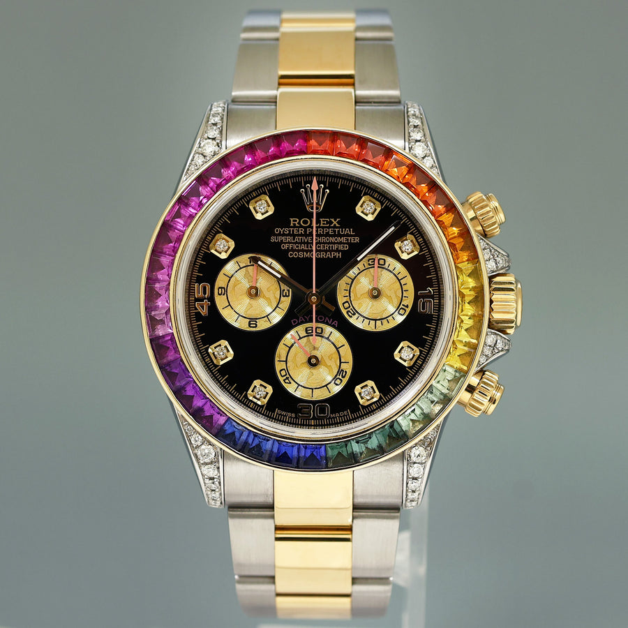 MINT Rolex Daytona 116503 Rainbow Diamond Yellow Gold Steel Sapphire 40mm Watch