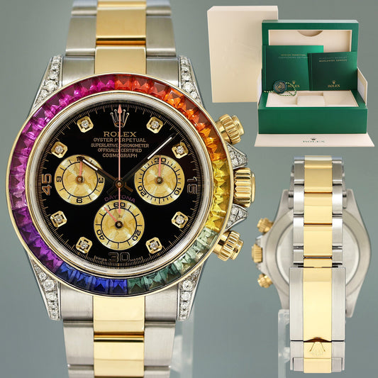 MINT Rolex Daytona 116503 Rainbow Diamond Yellow Gold Steel Sapphire 40mm Watch