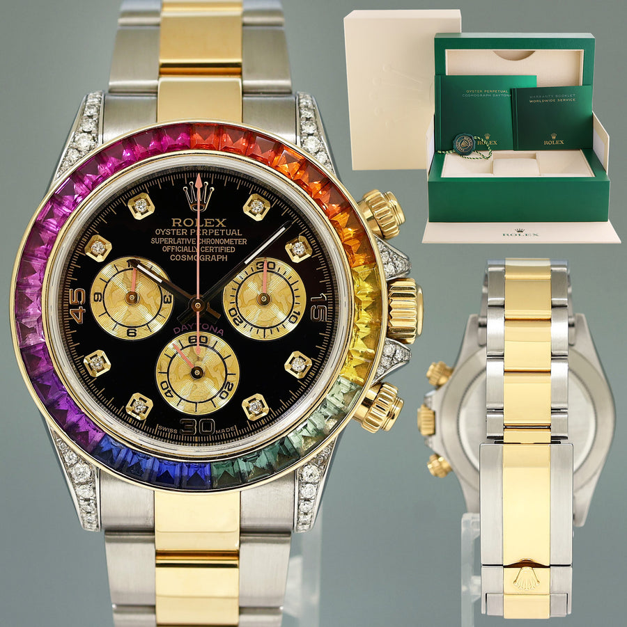 MINT Rolex Daytona 116503 Rainbow Diamond Yellow Gold Steel Sapphire 40mm Watch