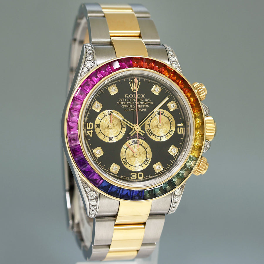 MINT Rolex Daytona 116503 Rainbow Diamond Yellow Gold Steel Sapphire 40mm Watch