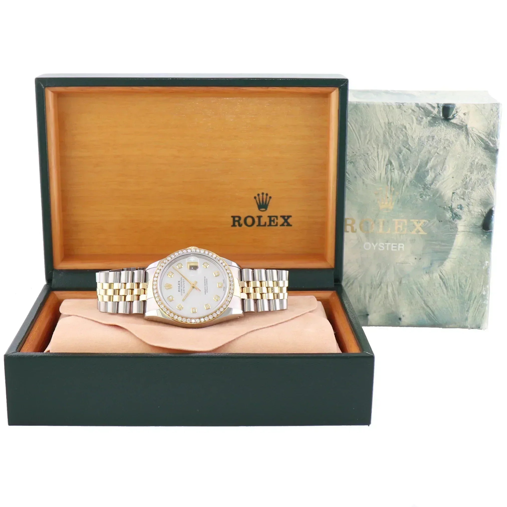 DIAMOND BEZEL Rolex DateJust 16233 Two-Tone  Yellow Gold MOP Jubilee Watch Box