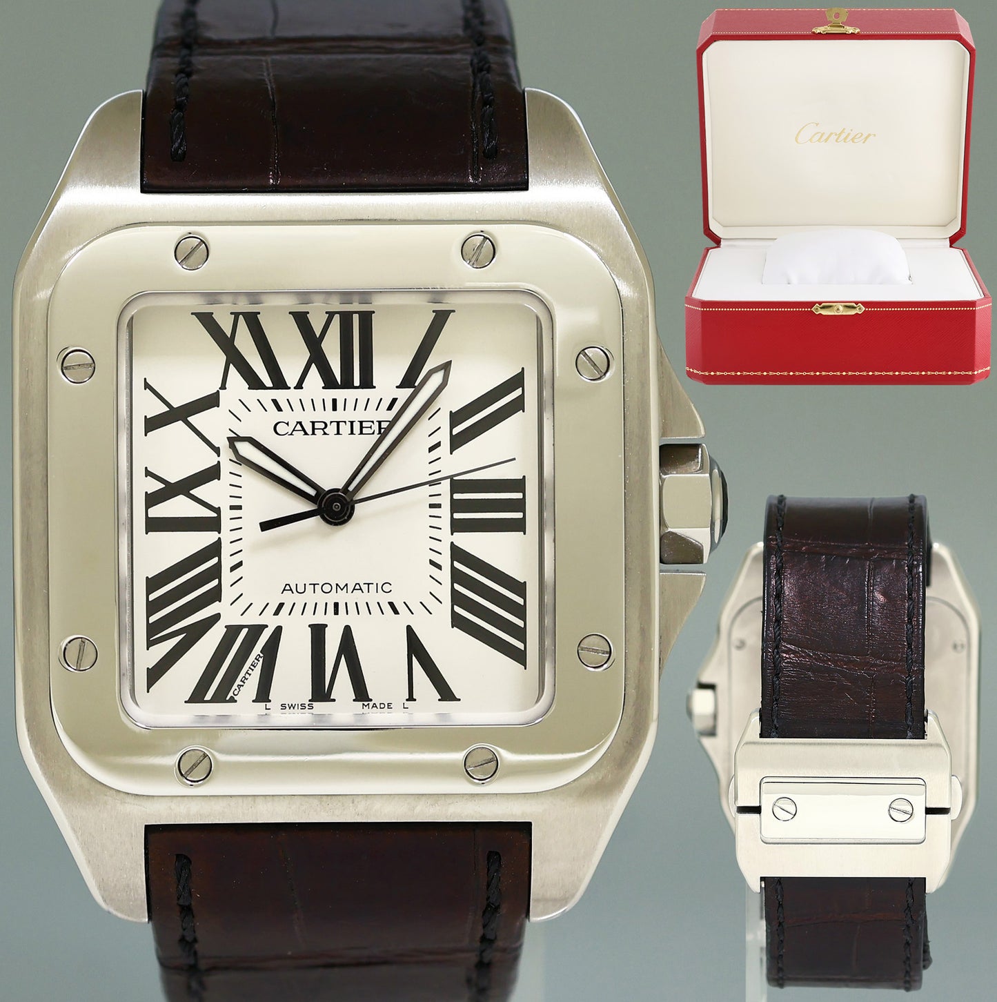 Cartier Santos 100 XL Automatic Steel 2656 Roman Dial Watch Box