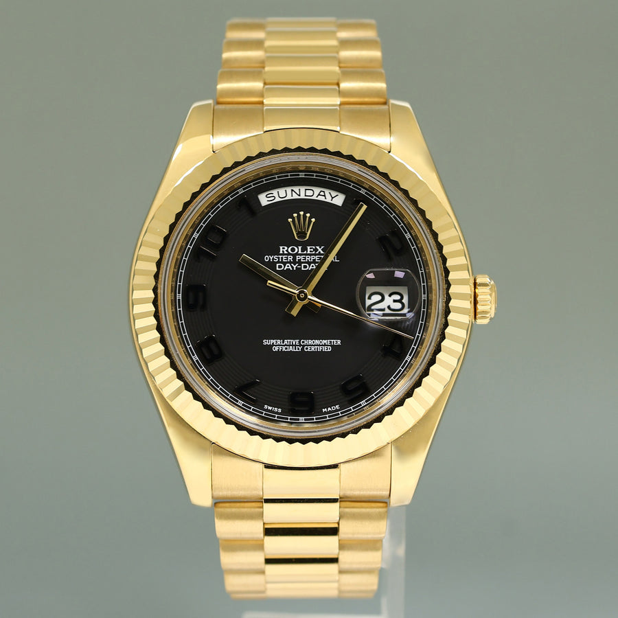 MINT Rolex Day Date II President Yellow Gold Black Arabic 41mm 218238 Watch Box