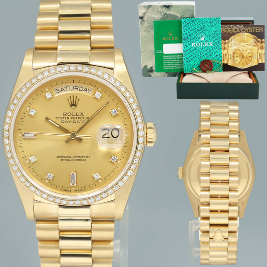 DIAMOND Rolex President Day Date 18038 Yellow Gold Champagne 36mm Quickset Watch