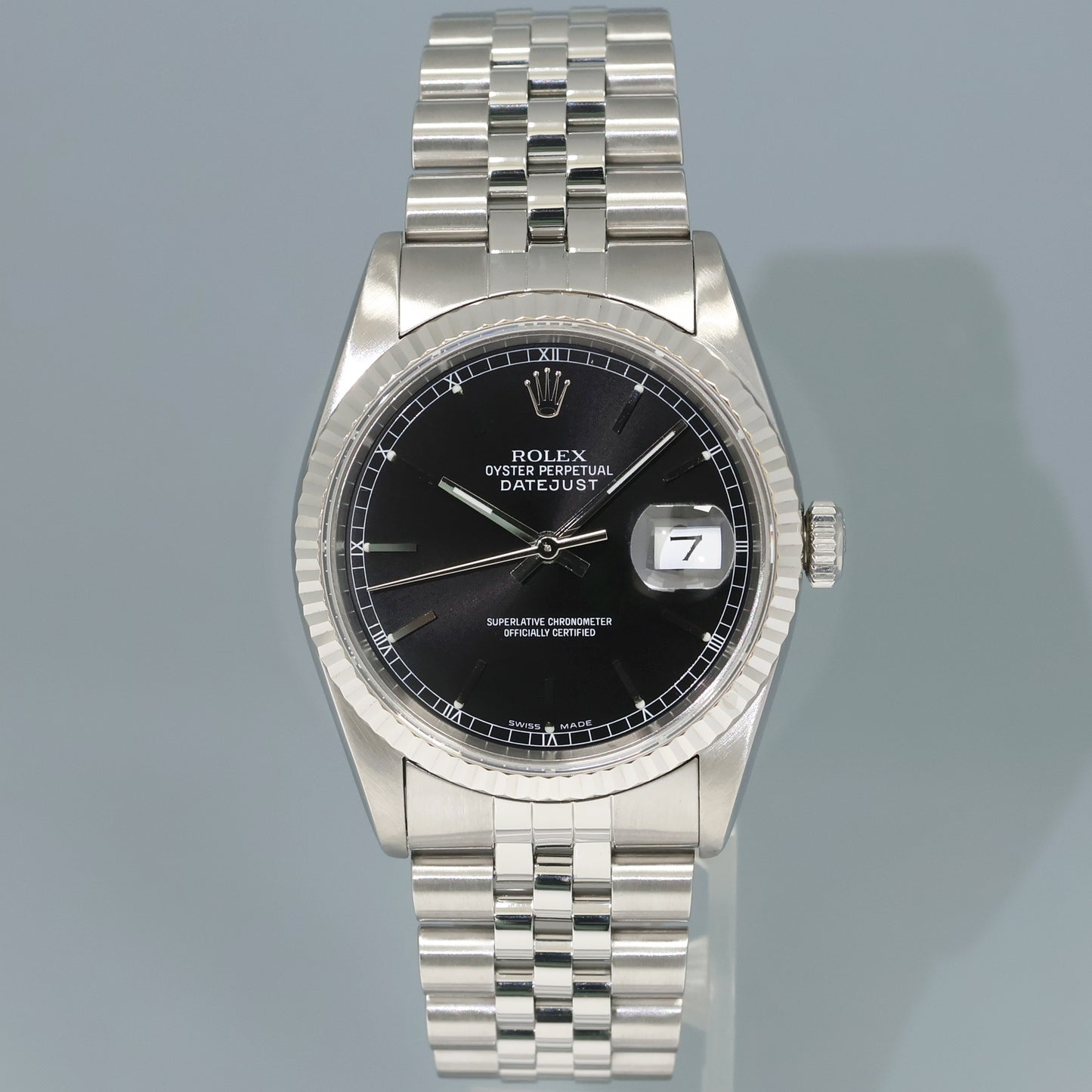 MINT Rolex DateJust 16234 Black Stick White Gold Bezel Jubilee Band 36mm Watch