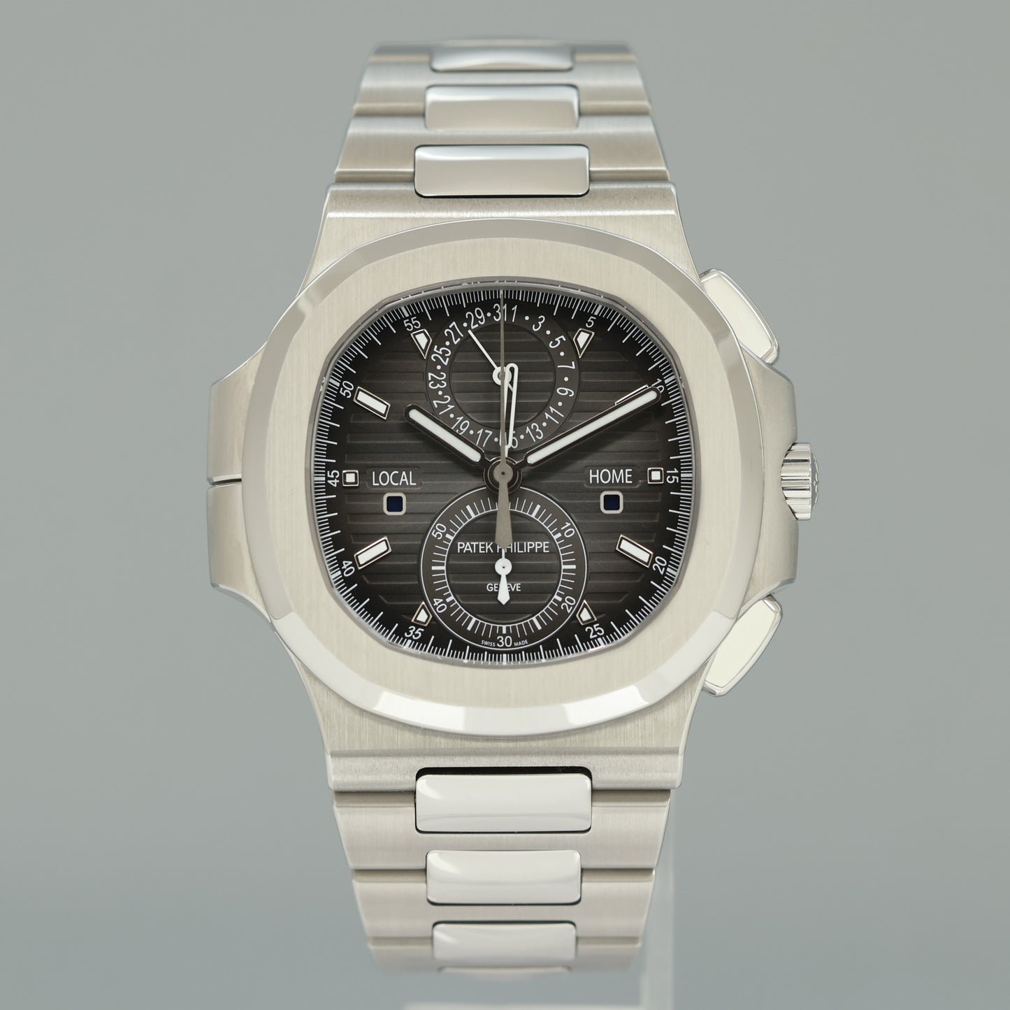 MINT PAPERS Patek Philippe Nautilus 5990/1A-001 Grey Dial 40.5mm Travel Time Chronograph Stainless Steel Watch Box