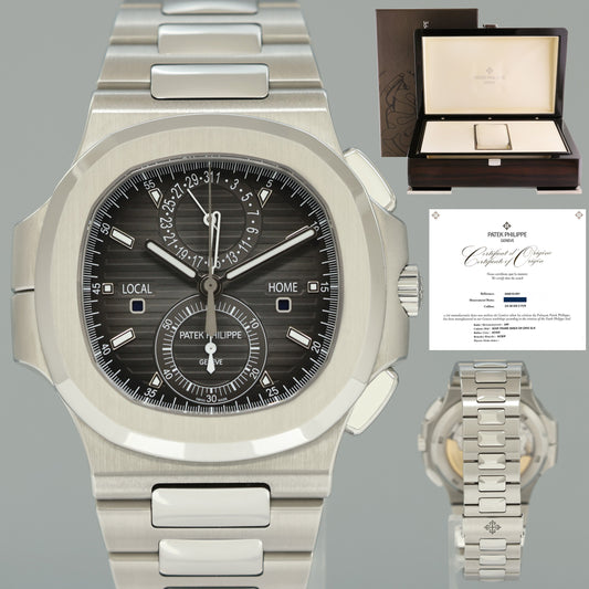 MINT PAPERS Patek Philippe Nautilus 5990/1A-001 Grey Dial 40.5mm Travel Time Chronograph Stainless Steel Watch Box