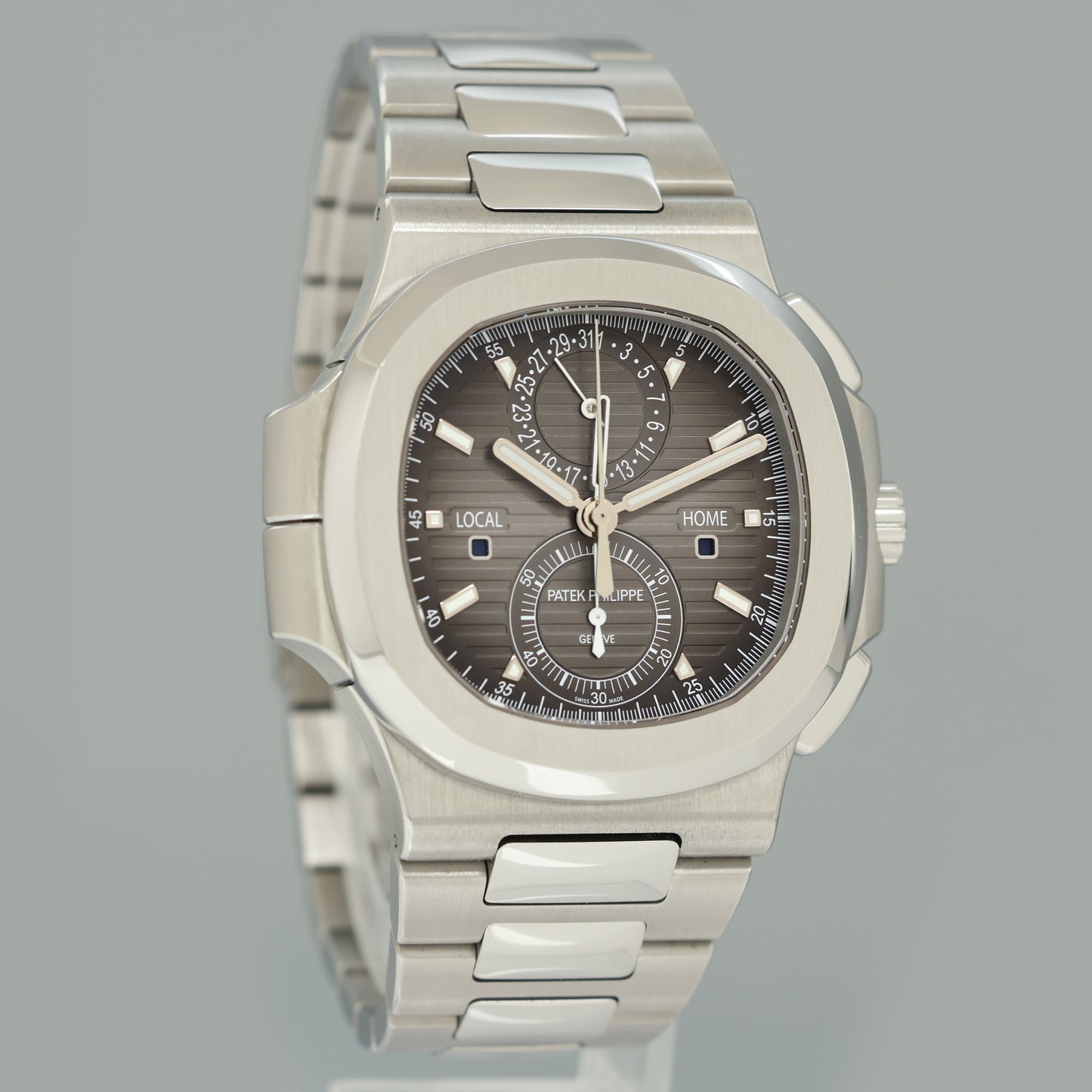 MINT PAPERS Patek Philippe Nautilus 5990/1A-001 Grey Dial 40.5mm Travel Time Chronograph Stainless Steel Watch Box
