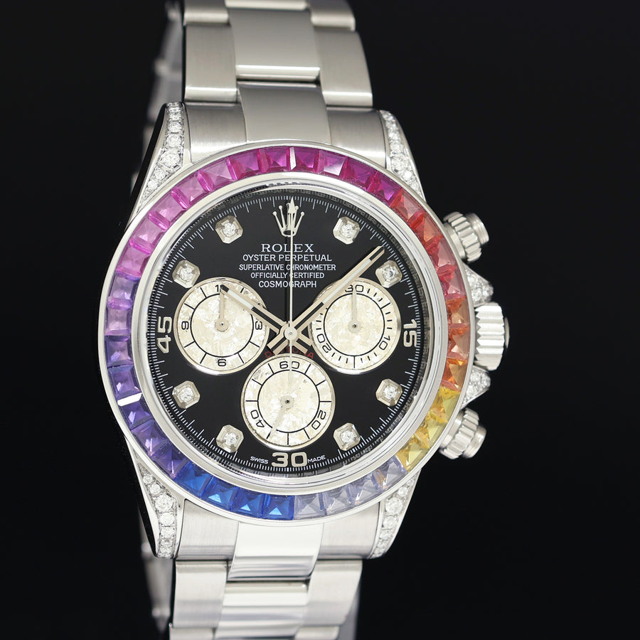 MINT Rolex Daytona 116520 Black Rainbow Diamond Steel 40mm Watch Box