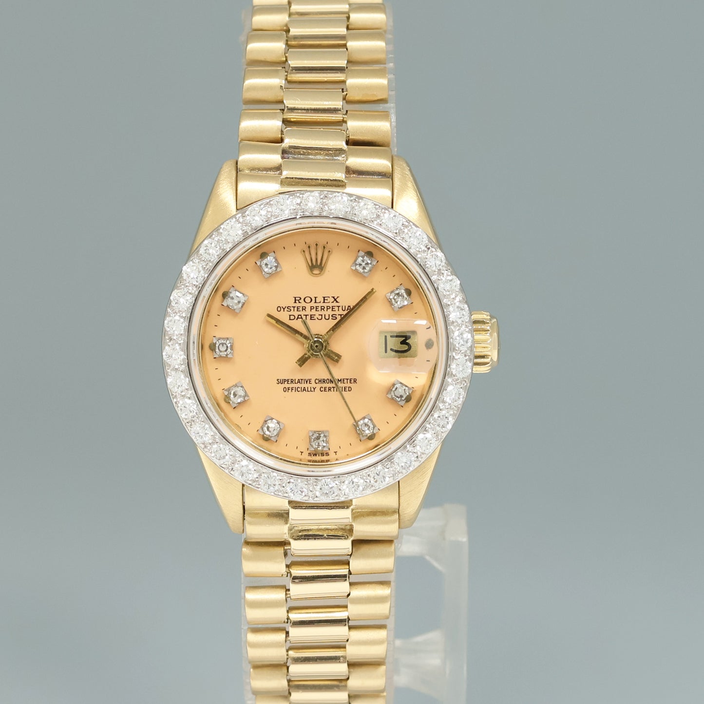 RARE STELLA DIAL Vintage Ladies Rolex President 26mm 6913 18k Gold Diamond Watch Box