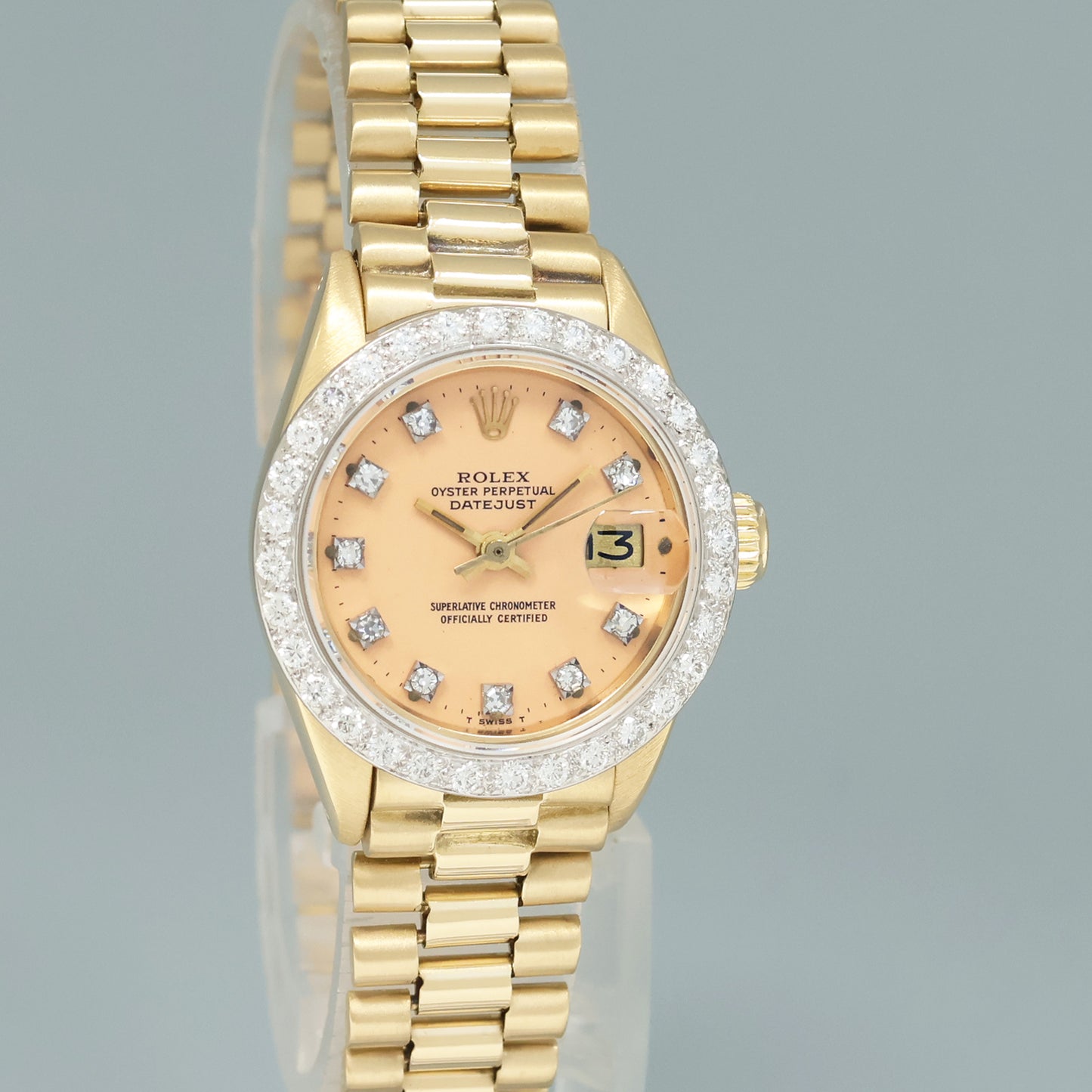 RARE STELLA DIAL Vintage Ladies Rolex President 26mm 6913 18k Gold Diamond Watch Box