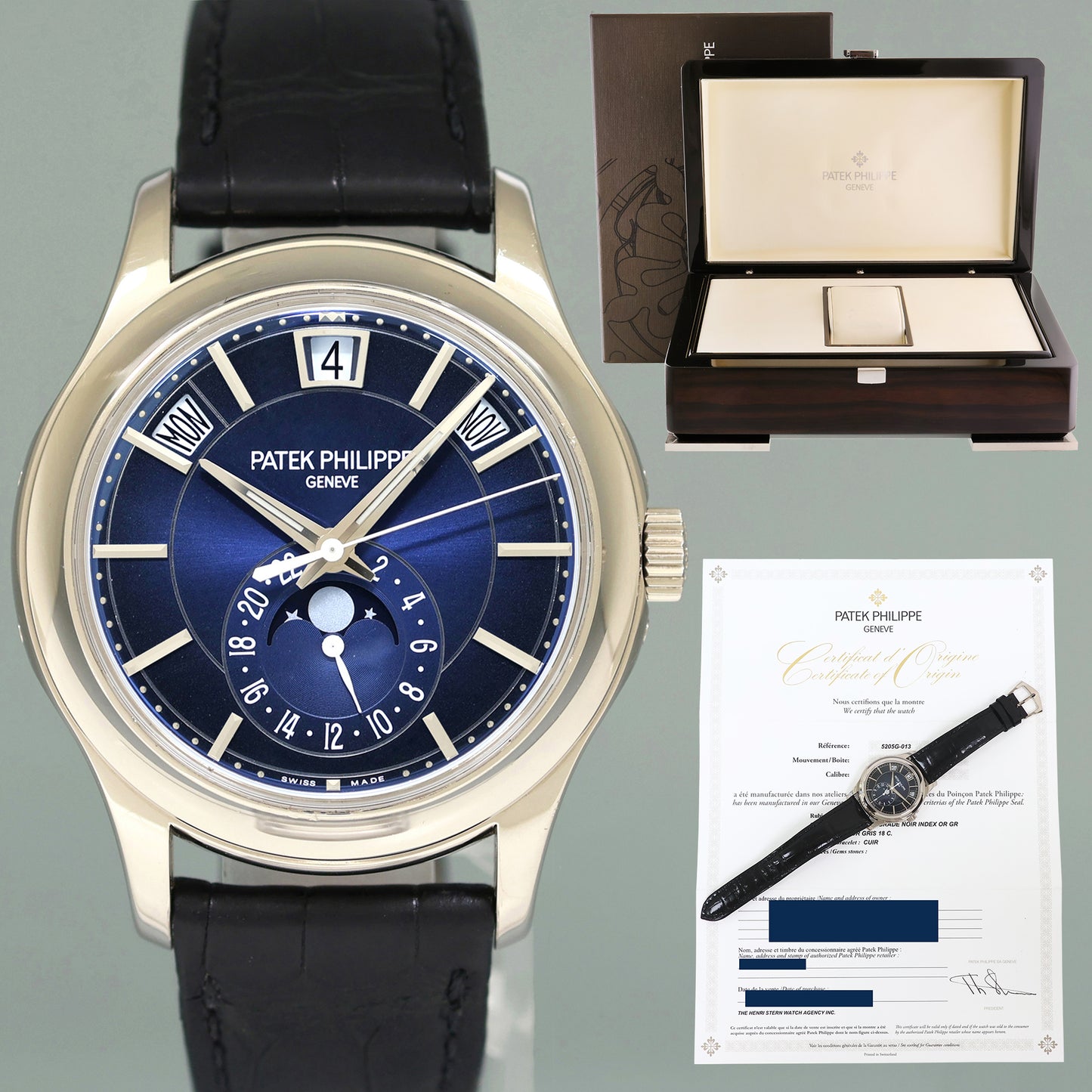 MINT PAPERS Patek Philippe 5205G White Gold Blue Dial Annual Calendar Watch Box