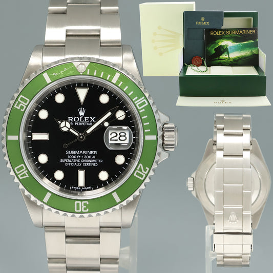 2003 Flat 4 Rolex Kermit F0 Serial Green Anniversary Submariner 16610LV Watch Box