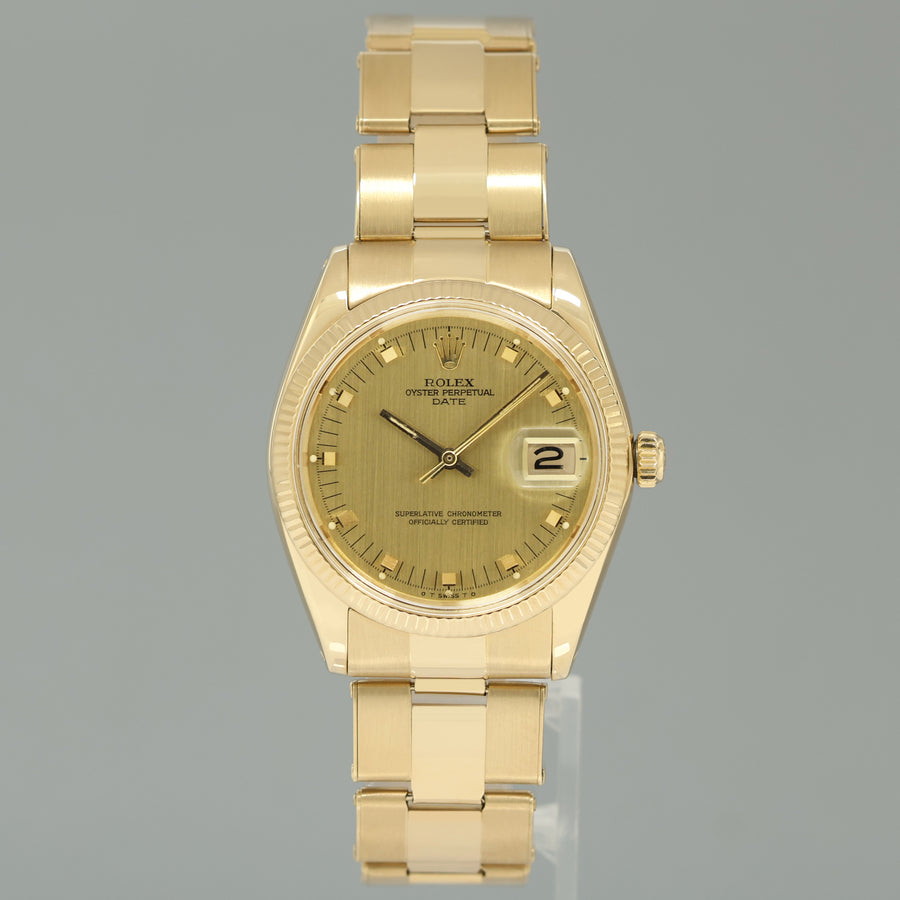 Rolex Date 34mm Oyster Perpetual 1503 Yellow Gold Champagne Watch Box
