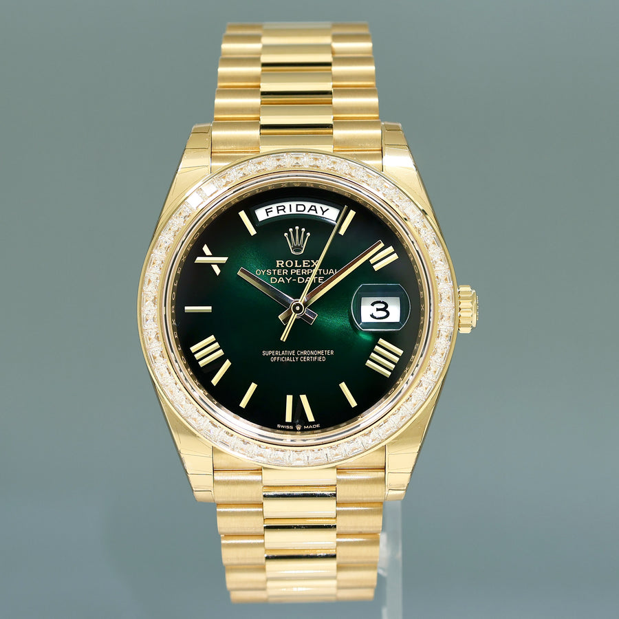 2025 NEW PAPERS Rolex Day Date 40 Yellow Gold Green Ombre Baguette 228398RBR Watch