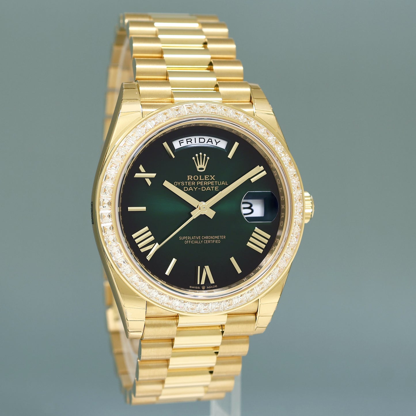 2025 NEW PAPERS Rolex Day Date 40 Yellow Gold Green Ombre Baguette 228398RBR Watch
