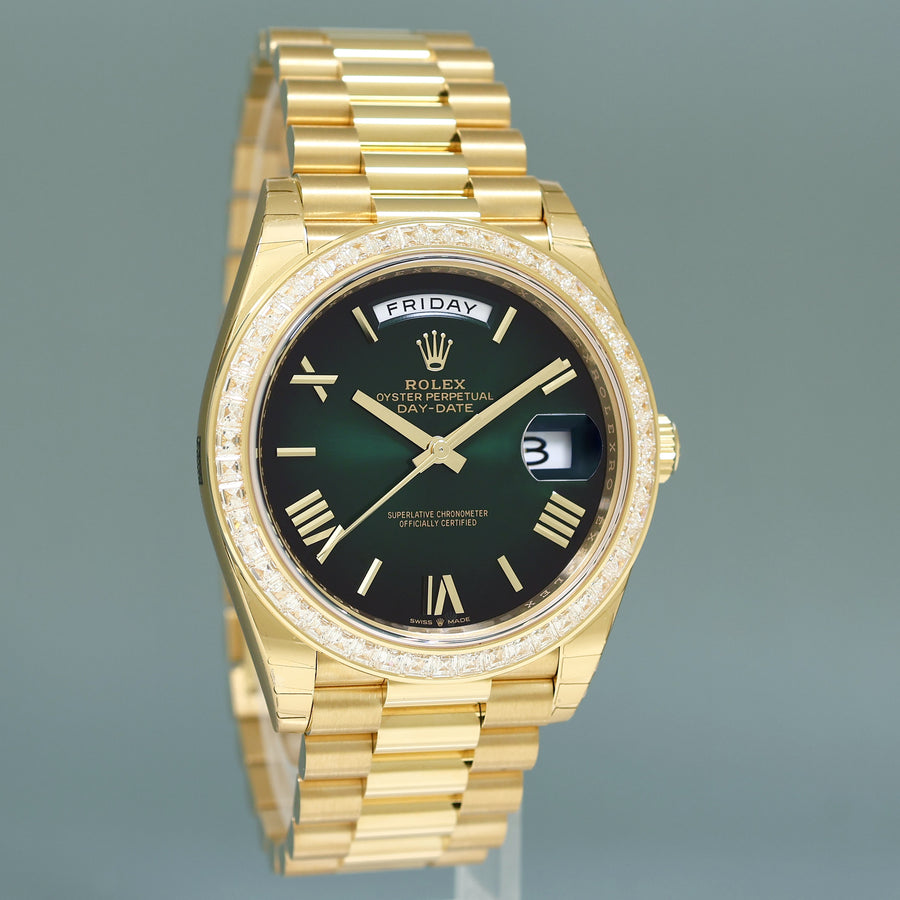 2025 NEW PAPERS Rolex Day Date 40 Yellow Gold Green Ombre Baguette 228398RBR Watch