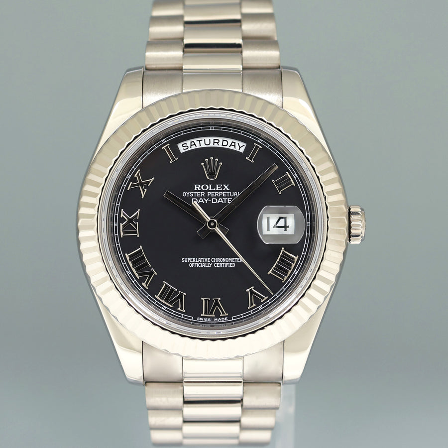 2015 MINT Rolex Day Date II 218239 White Gold 41mm President Black Roman Watch