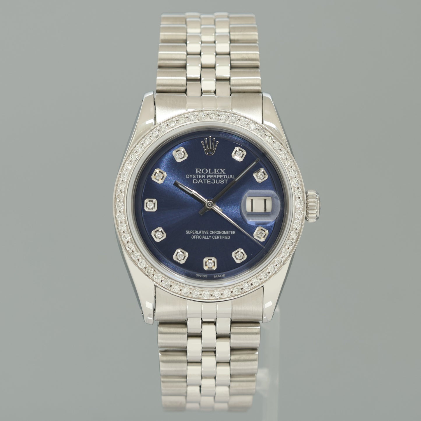 2026 SERVICE Rolex DateJust 1601 Blue Diamond Bezel Dial White Gold Jubilee 36mm Watch