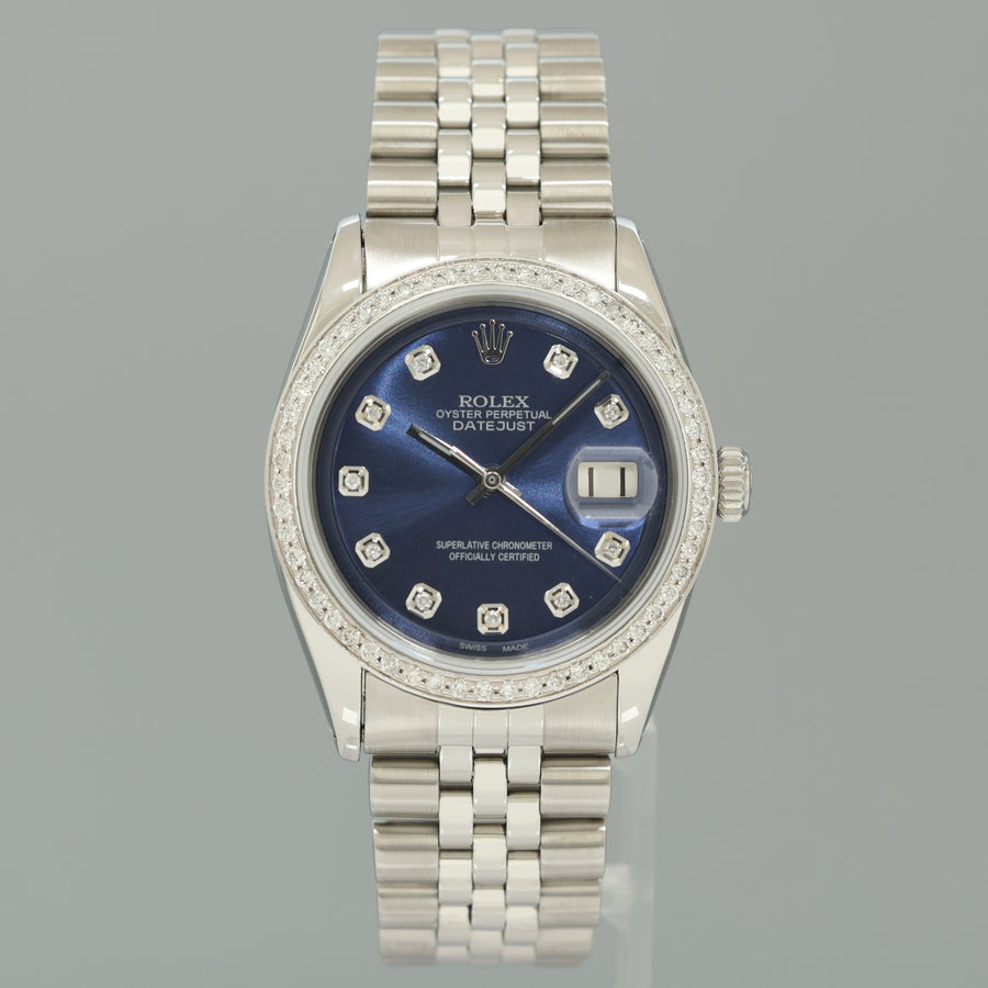 2026 SERVICE Rolex DateJust 1601 Blue Diamond Bezel Dial White Gold Jubilee 36mm Watch