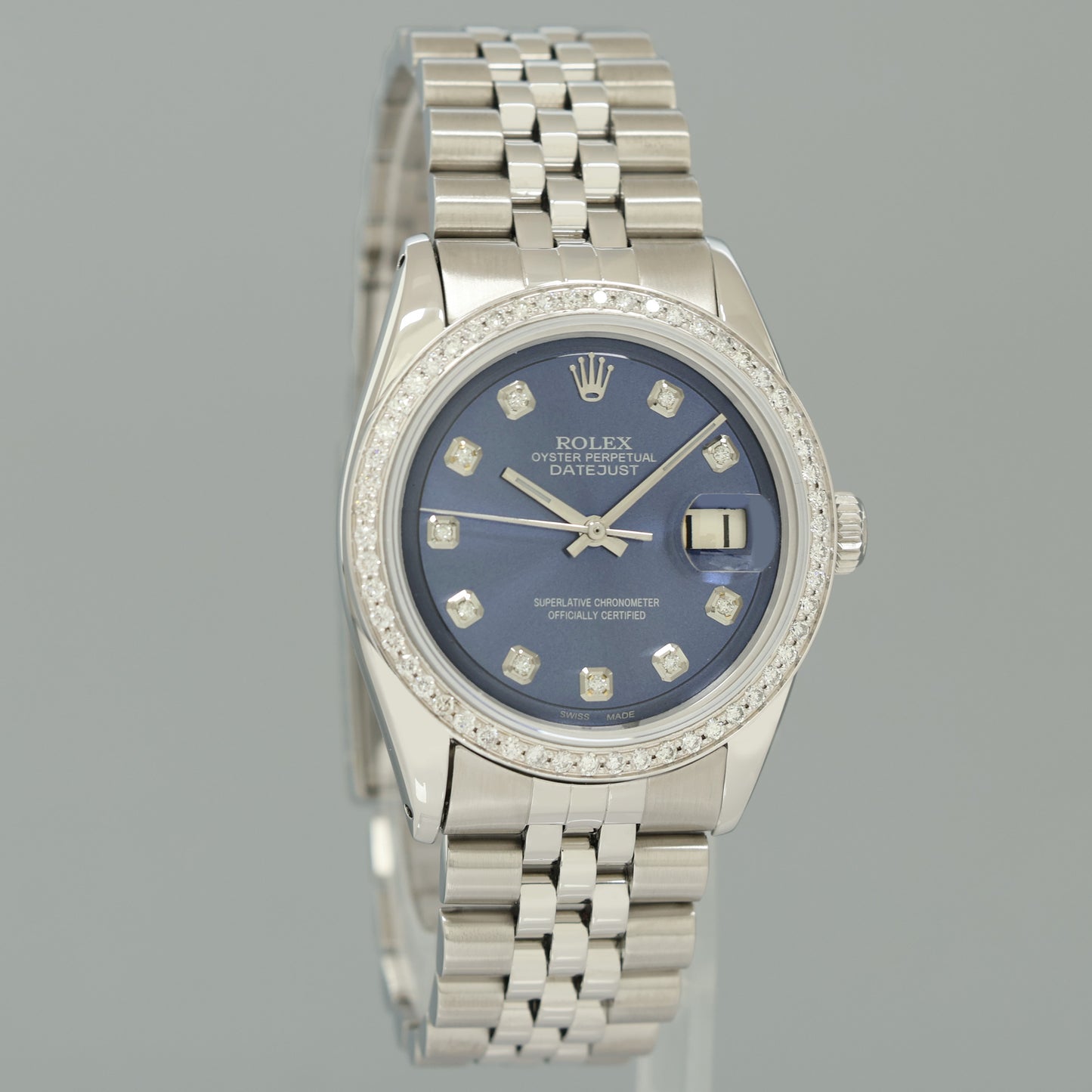 2026 SERVICE Rolex DateJust 1601 Blue Diamond Bezel Dial White Gold Jubilee 36mm Watch