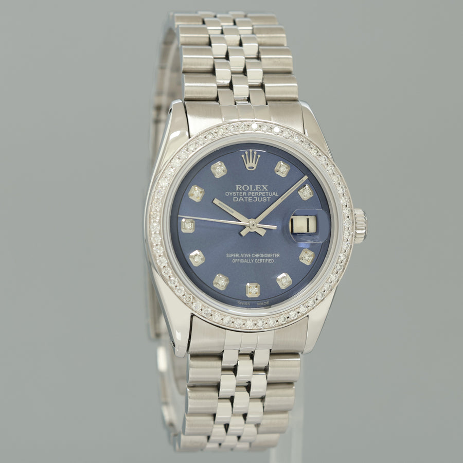 2026 SERVICE Rolex DateJust 1601 Blue Diamond Bezel Dial White Gold Jubilee 36mm Watch