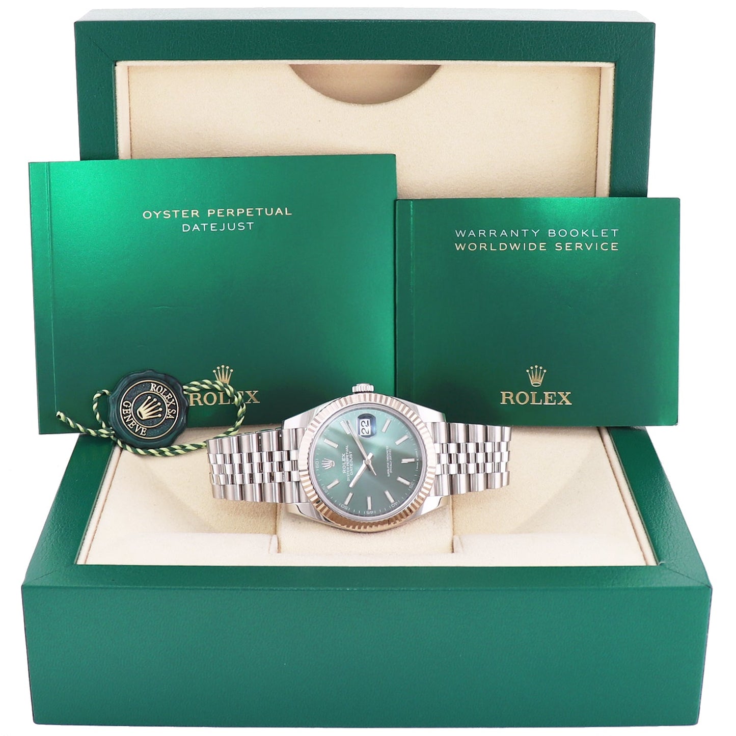 2023 MINT Rolex DateJust 41 Mint Green Stick 41mm Jubilee Band 126334 Watch Box