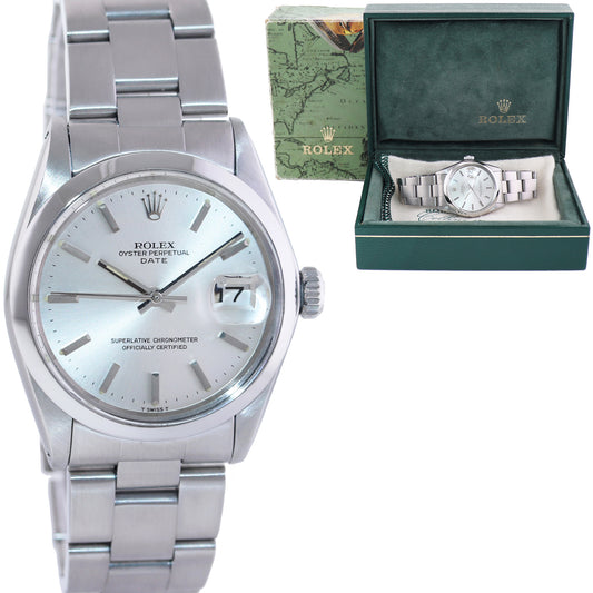Rolex 1500 Date 34mm Steel Oyster Silver Stick Automatic Watch Box