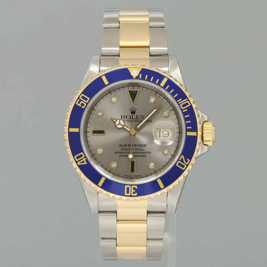 MINT Rolex Submariner 16613 Two Tone Yellow Gold Blue Serti Diamond 40mm Watch Box