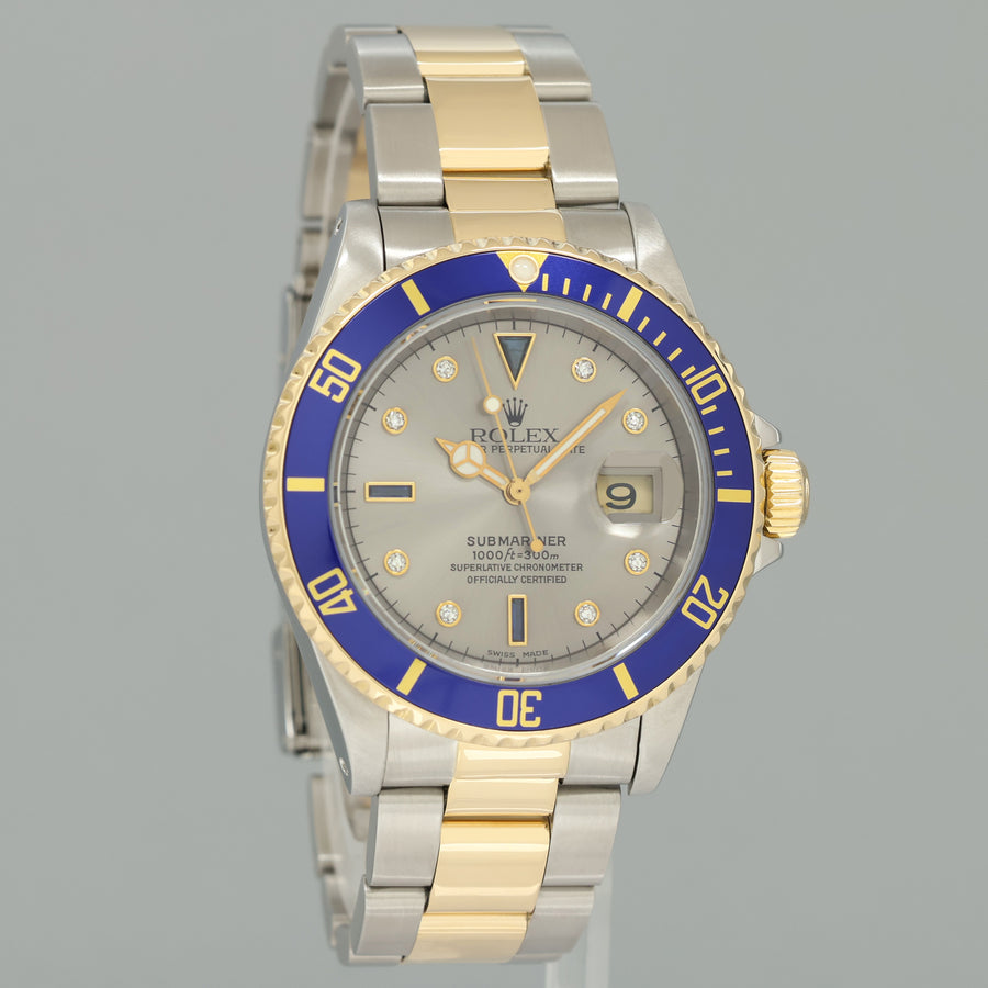MINT Rolex Submariner 16613 Two Tone Yellow Gold Blue Serti Diamond 40mm Watch Box