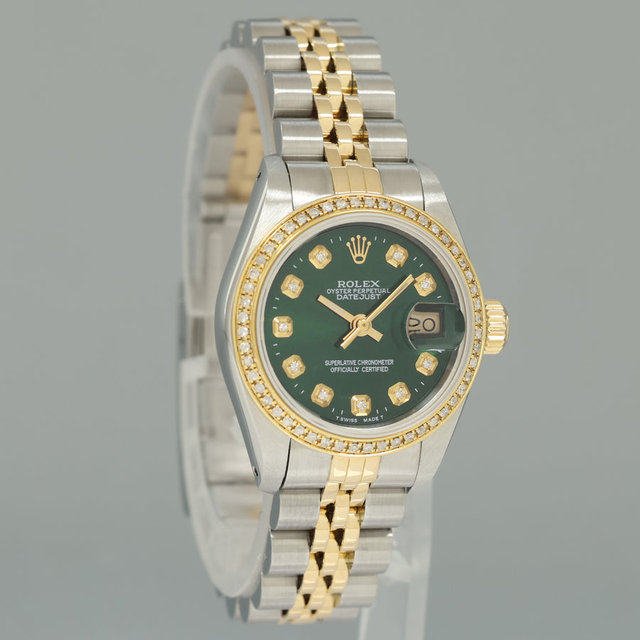 GREEN DIAMOND Ladies Rolex DateJust 26mm 69173 Two Tone Gold Jubilee Watch
