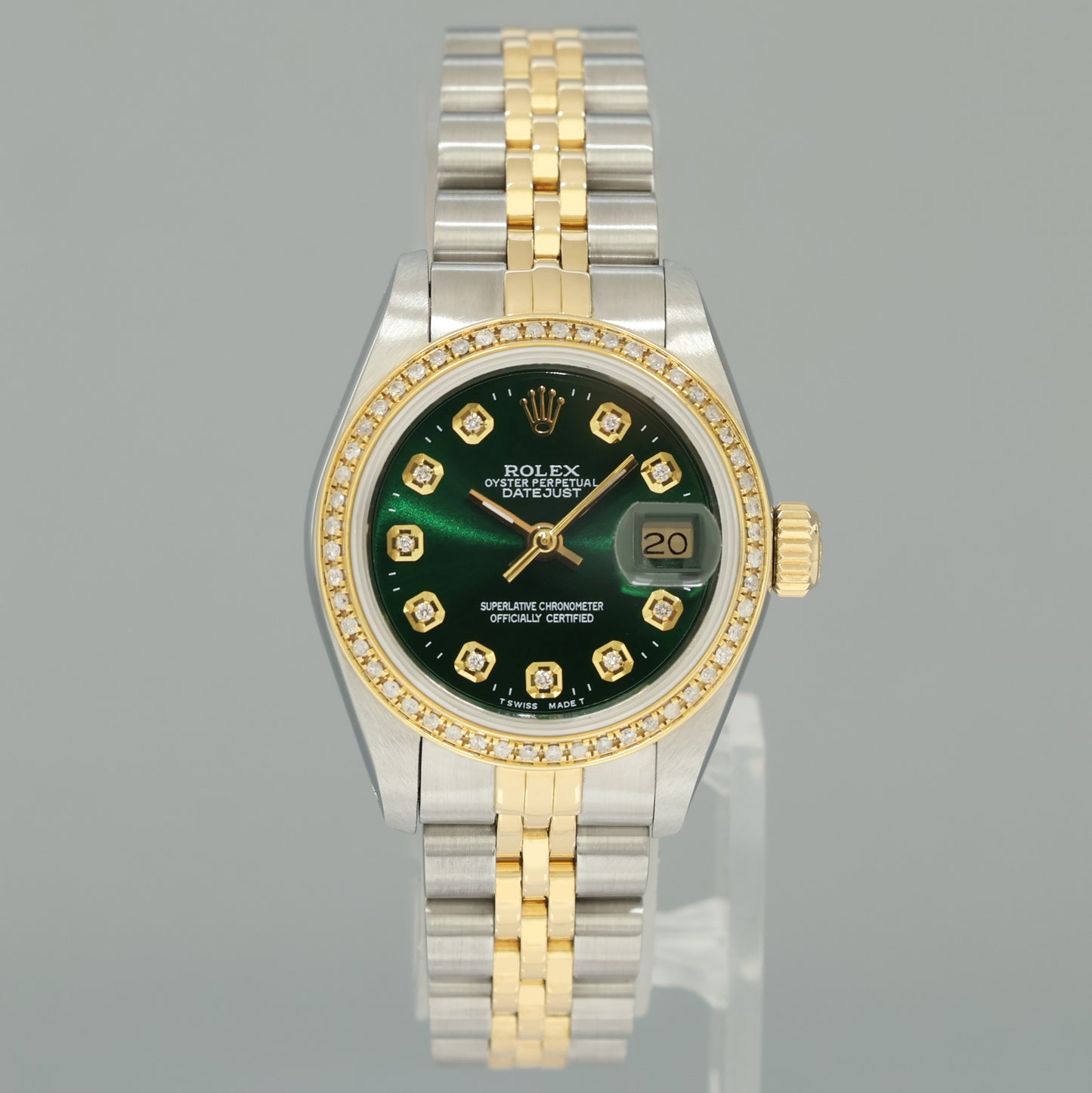 GREEN DIAMOND Ladies Rolex DateJust 26mm 69173 Two Tone Gold Jubilee Watch