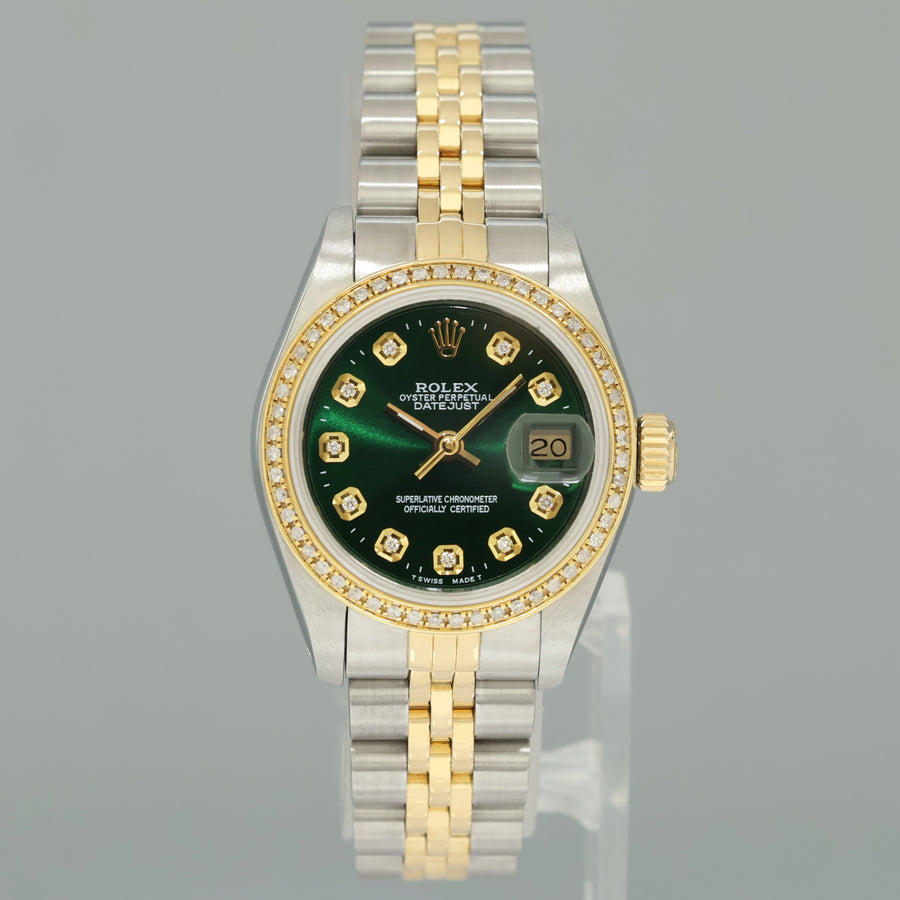 GREEN DIAMOND Ladies Rolex DateJust 26mm 69173 Two Tone Gold Jubilee Watch