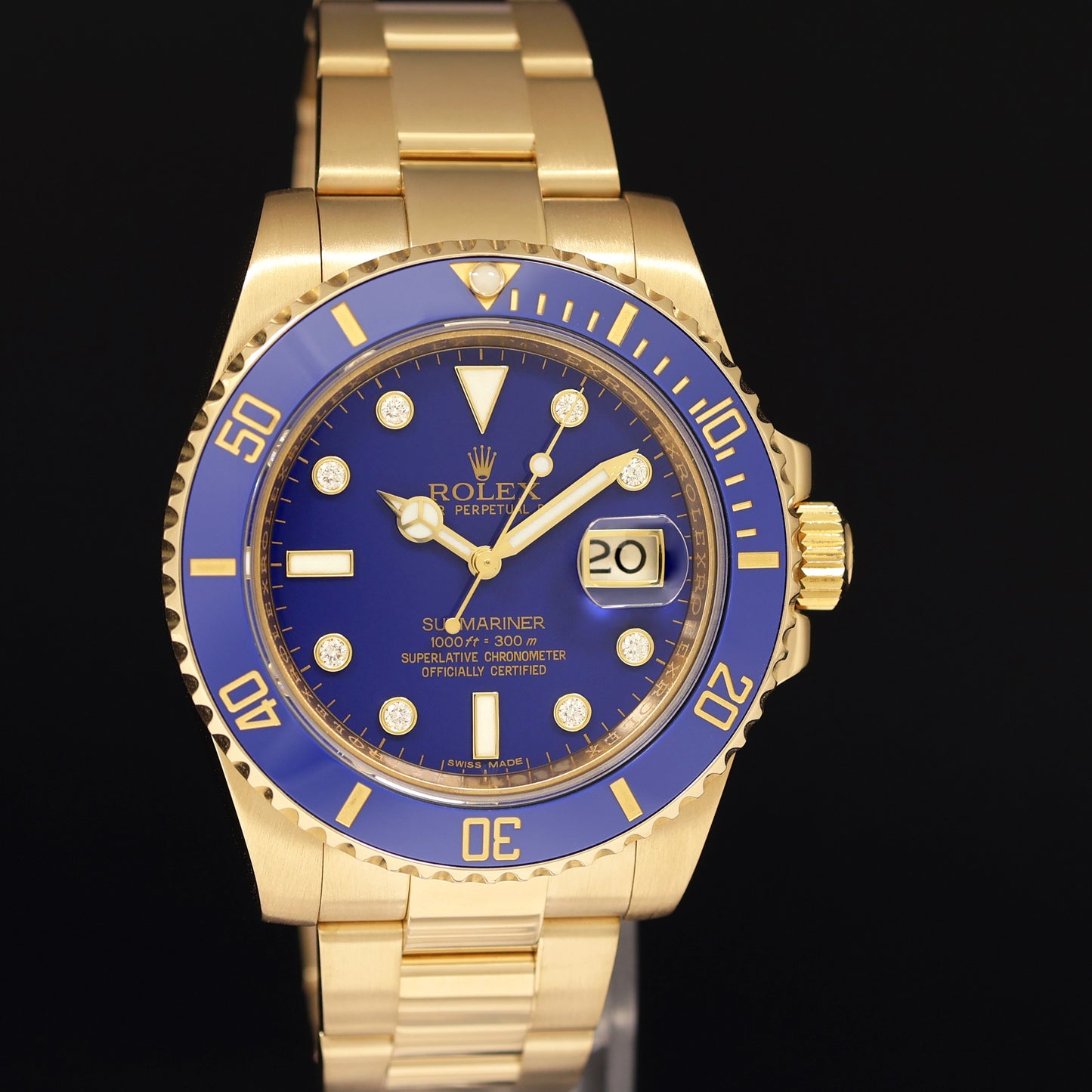 2018 MINT Rolex Submariner Ceramic Blue Serti Diamond 116618 Yellow Gold 40mm Watch