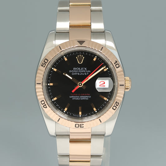 2005 Rolex DateJust Turn-O-Graph 116261 Rose Gold Two Tone Steel Black Watch