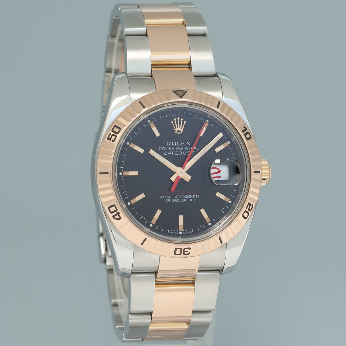 2005 Rolex DateJust Turn-O-Graph 116261 Rose Gold Two Tone Steel Black Watch